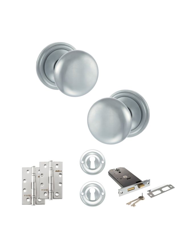 Old English Harrogate Door Knob Pack (Lock Set - Horizontal Sashlock, 4" Slim Knuckle Hinges x2) - Satin Chrome