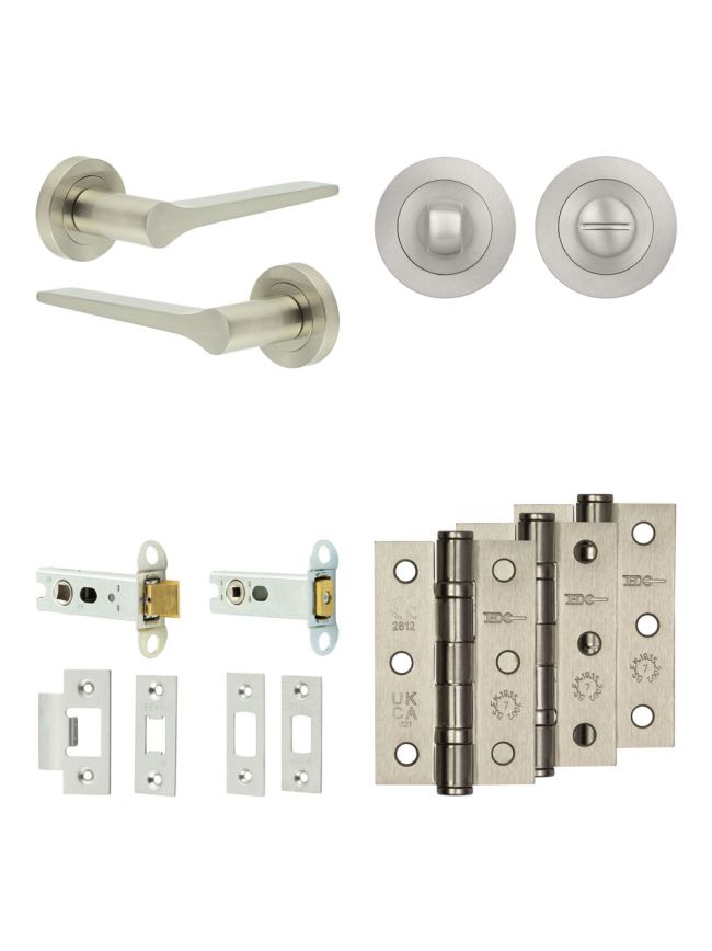 Complete Gio Door Handle Pack - Heavy Duty Tubular Bathroom (Standard Thumb Turn) - Satin Nickel - 76mm / 3-inch Hinges - JE-E31B3-SN
