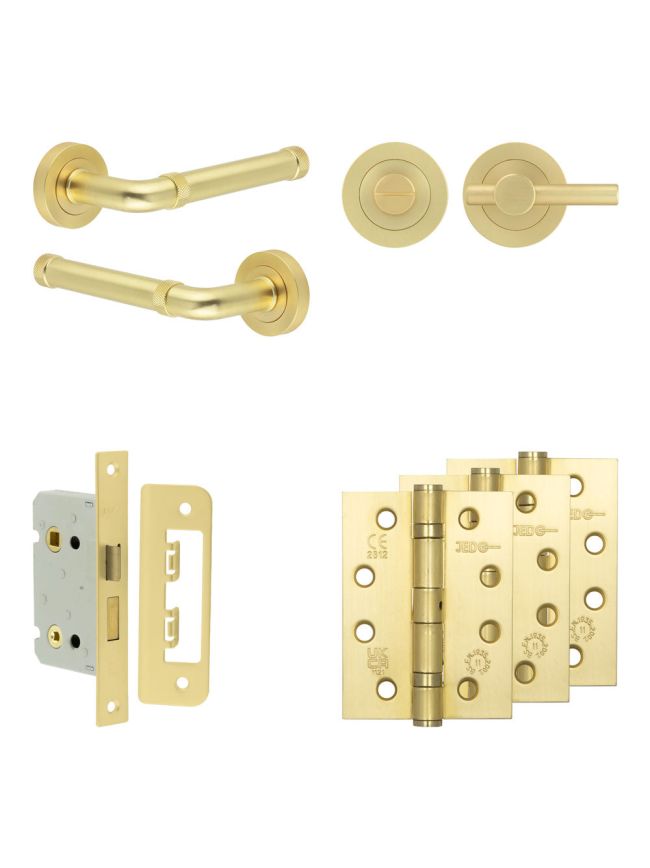 Complete Midtown Door Handle Pack - Bathroom Lock (Plain Thumb Turn) - Satin Brass - 65mm / 4-inch Hinges - JE-G5A2-SB