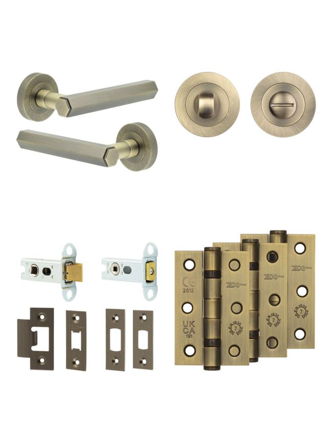 Complete Hex Door Handle Pack - Heavy Duty Tubular Bathroom (Standard Thumb Turn) - Antique Brass - 64mm / 3-inch Hinges - JE-C30B3-AB