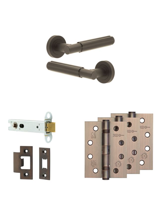 Complete Bloom Door Handle Pack - Heavy Duty Latch - Dark Bronze - 102mm / 4-inch Hinges - JE-B22A-DB