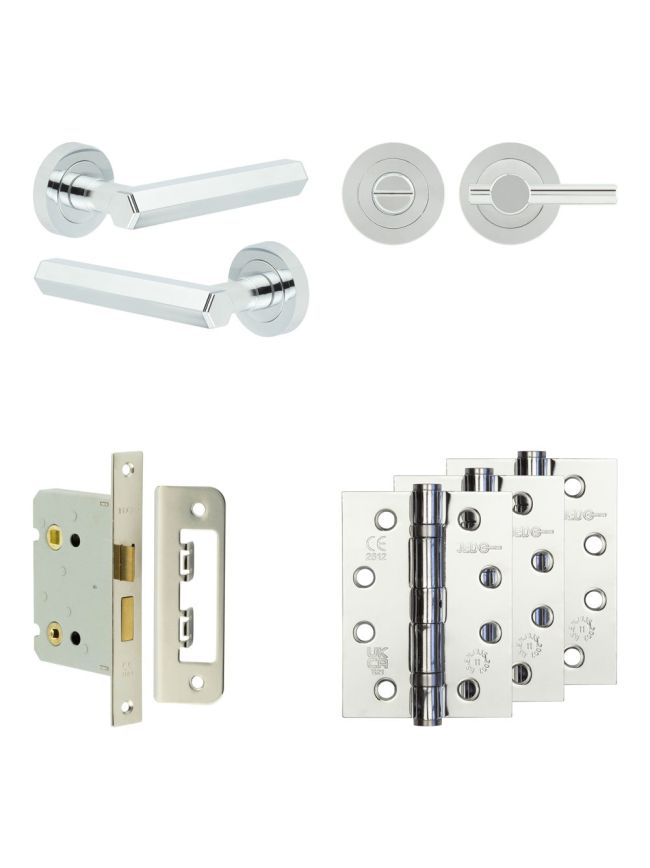 Complete Hex Door Handle Pack - Bathroom Lock (Plain Thumb Turn) - Polished Chrome - 76mm / 4-inch Hinges - JE-C6A2-PC