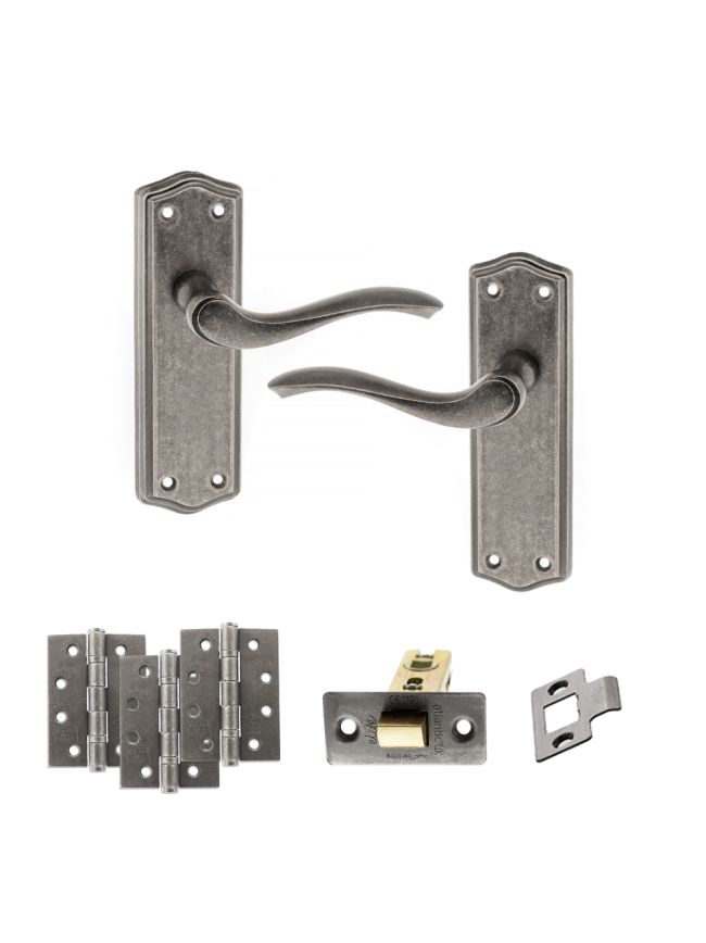 Old English Warwick Door Handle Pack (Latch Set - 3" CE Latch, 4" Fire Rated Hinges x3) - Distressed Silver