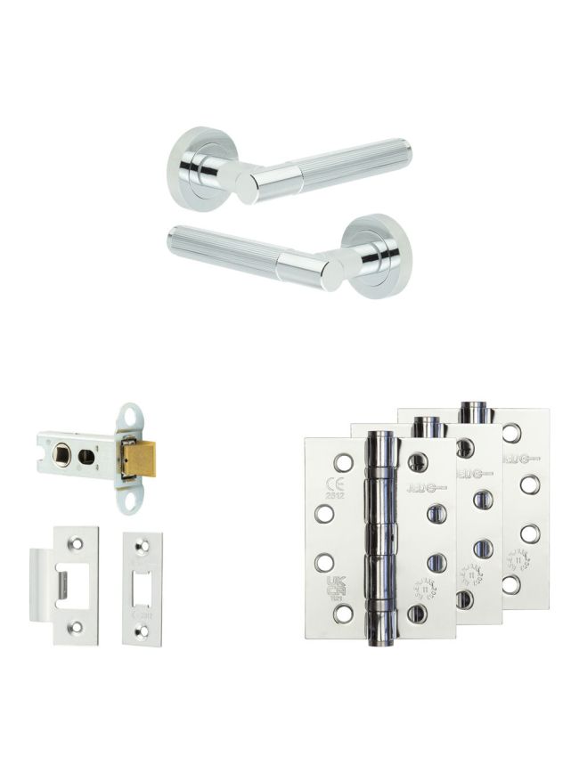 Complete Venice Door Handle Pack - Heavy Duty Latch - Polished Chrome - 64mm / 4-inch Hinges - JE-F20A-PC