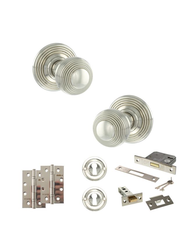 Old English Ripon Door Knob Pack (Lock Set - 3" Latch & Deadlock, 4" Slim Knuckle Hinges x2) - Polished Nickel