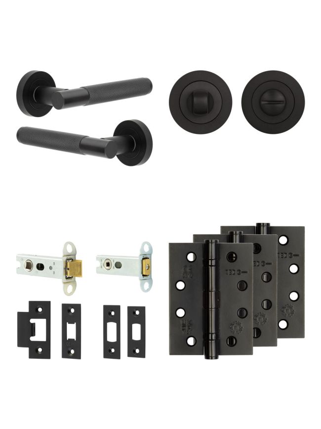 Complete Bari Door Handle Pack - Heavy Duty Tubular Bathroom (Standard Thumb Turn) - Matt Black - 76mm / 4-inch Hinges - JE-D31A3-MB
