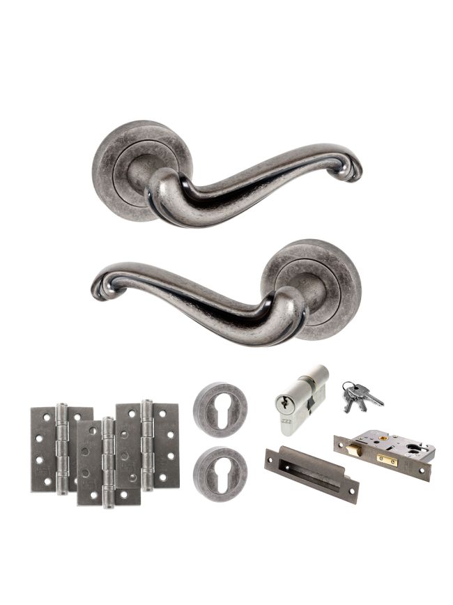 Old English Colchester Door Handle Pack (Euro Lock Set - 2.5" CE Sashlock, 4" Fire Rated Hinges x3) - Distressed Silver