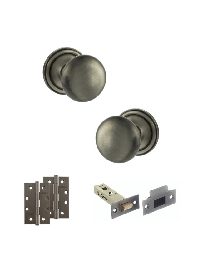 Old English Harrogate Door Knob Pack (Latch Set - 4" HD Latch, 4" Slim Knuckle Hinges x2) - Matt Gun Metal