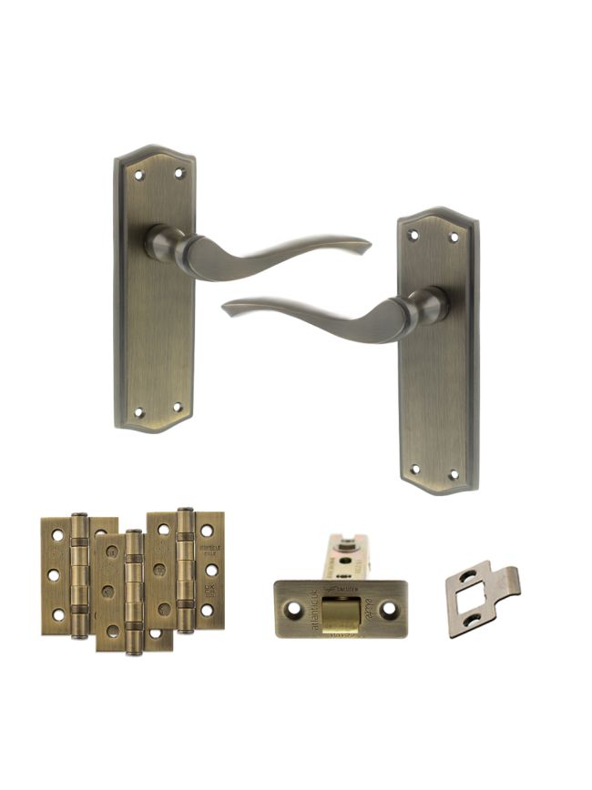 Old English Warwick Door Handle Pack (Latch Set - 3" CE Latch, 3" Fire Rated Hinges x3) - Matt Antique Brass