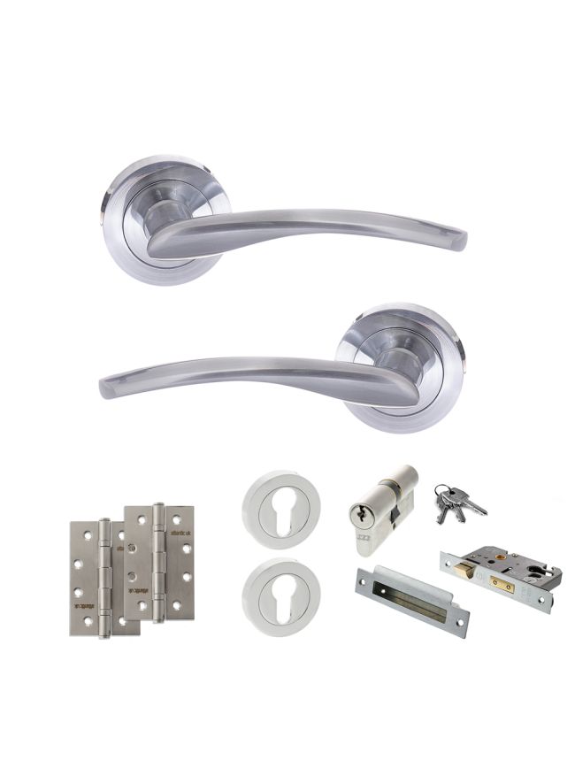 STATUS Arizona Door Handle Pack (Euro Lock Set - 3" CE Sashlock, 4" Slim Knuckle Hinges x2) - Satin Chrome