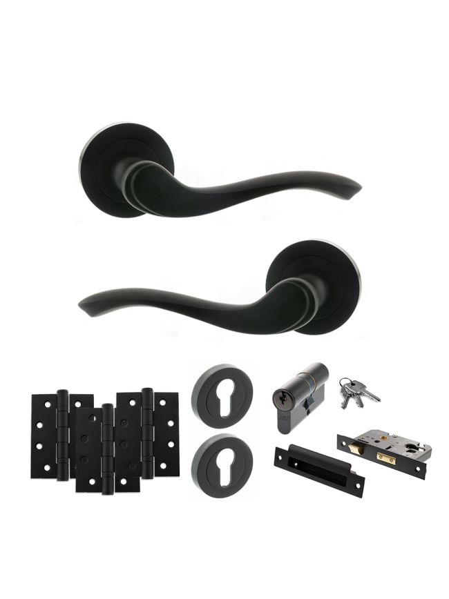 Old English Warwick Door Handle Pack (Euro Lock Set - 3" CE Sashlock, 4" Fire Rated Hinges x3) - Matt Black