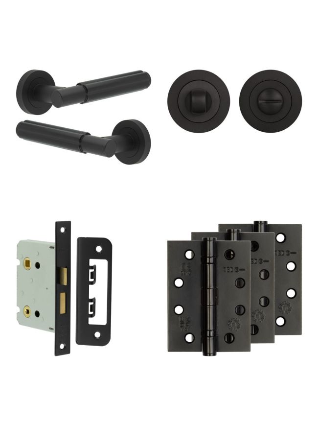 Complete Bloom Door Handle Pack - Bathroom Lock (Standard Thumb Turn) - Matt Black - 76mm / 4-inch Hinges - JE-B6A3-MB