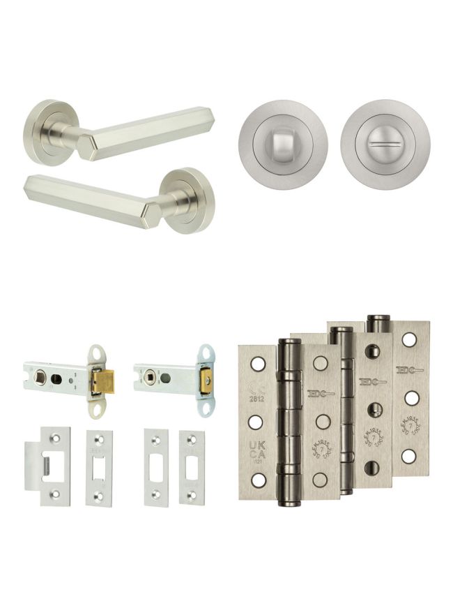 Complete Hex Door Handle Pack - Heavy Duty Tubular Bathroom (Standard Thumb Turn) - Satin Nickel - 76mm / 3-inch Hinges - JE-C31B3-SN