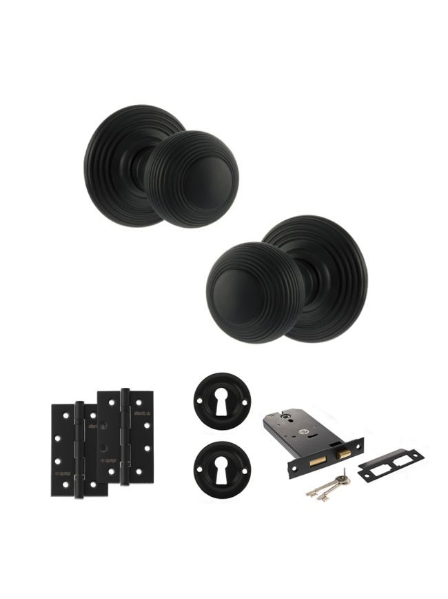 Old English Ripon Door Knob Pack (Lock Set - Horizontal Sashlock, 4" Slim Knuckle Hinges x2) - Matt Black