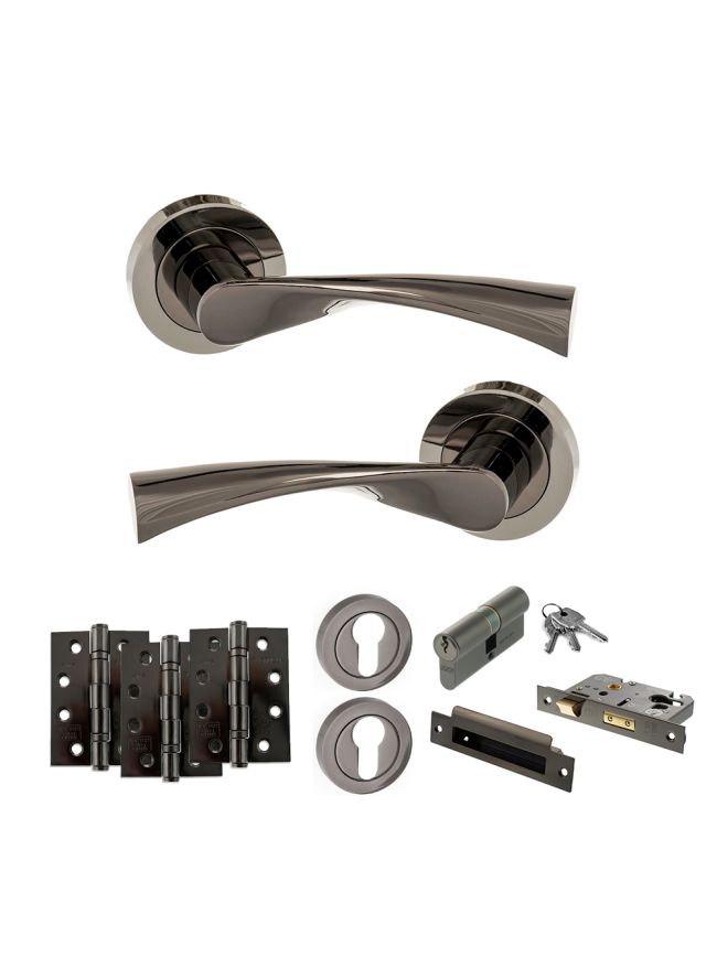 STATUS Colorado Door Handle Pack (Euro Lock Set - 2.5" CE Sashlock, 4" Fire Rated Hinges x3) - Black Nickel
