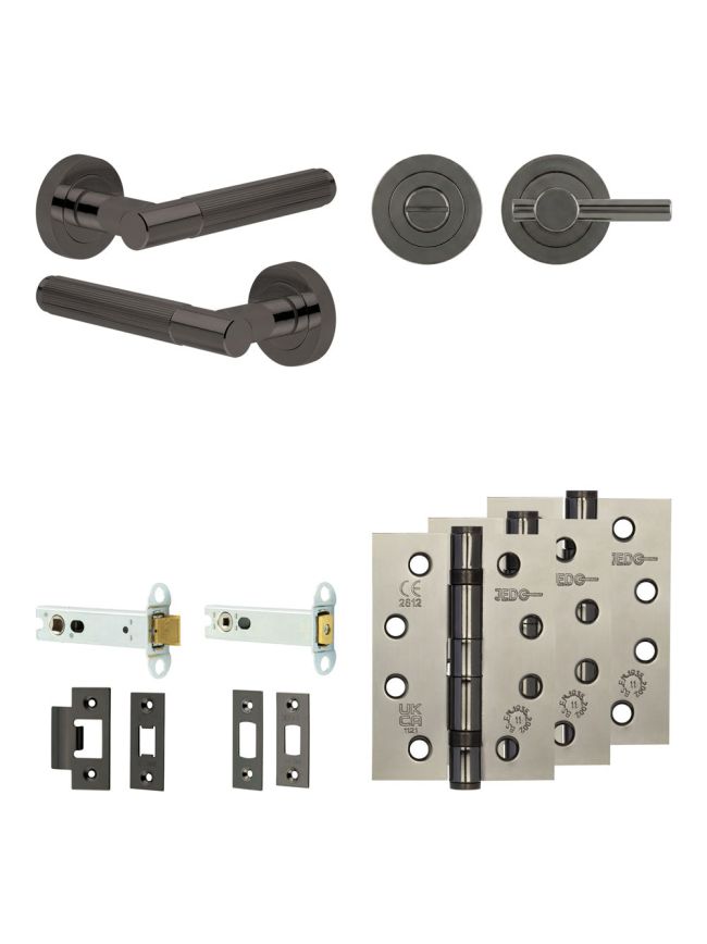 Complete Venice Door Handle Pack - Heavy Duty Tubular Bathroom (Plain Thumb Turn) - Black Nickel - 102mm / 4-inch Hinges - JE-F32A2-BN