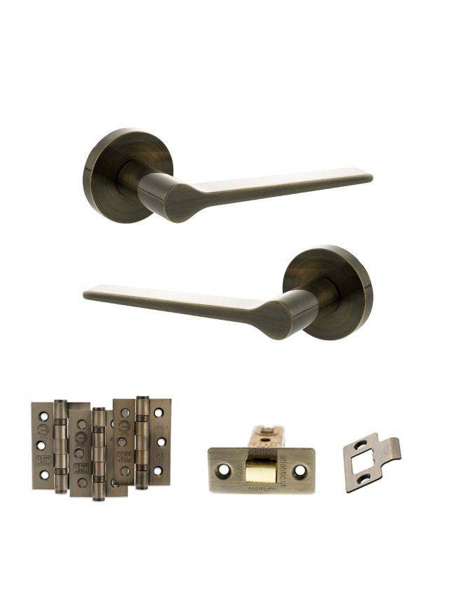 Senza Pari Laviano Door Handle Pack (Latch Set - 2.5" CE Latch, 3" Fire Rated Hinges x3) - Antique Brass
