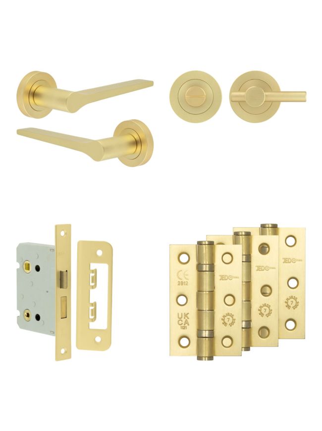 Complete Gio Door Handle Pack - Bathroom Lock (Plain Thumb Turn) - Satin Brass - 76mm / 3-inch Hinges - JE-E6B2-SB