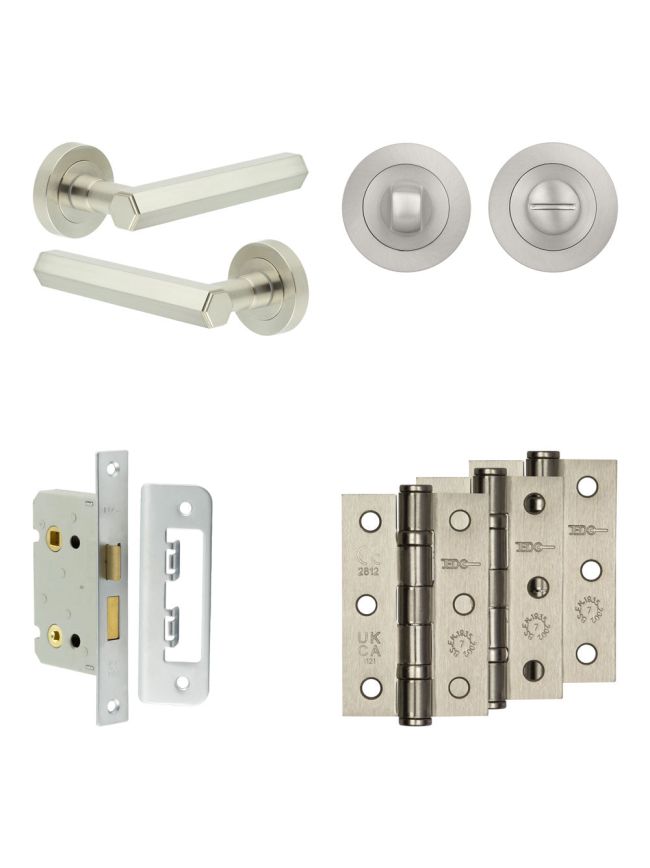 Complete Hex Door Handle Pack - Bathroom Lock (Standard Thumb Turn) - Satin Nickel - 65mm / 3-inch Hinges - JE-C5B3-SN
