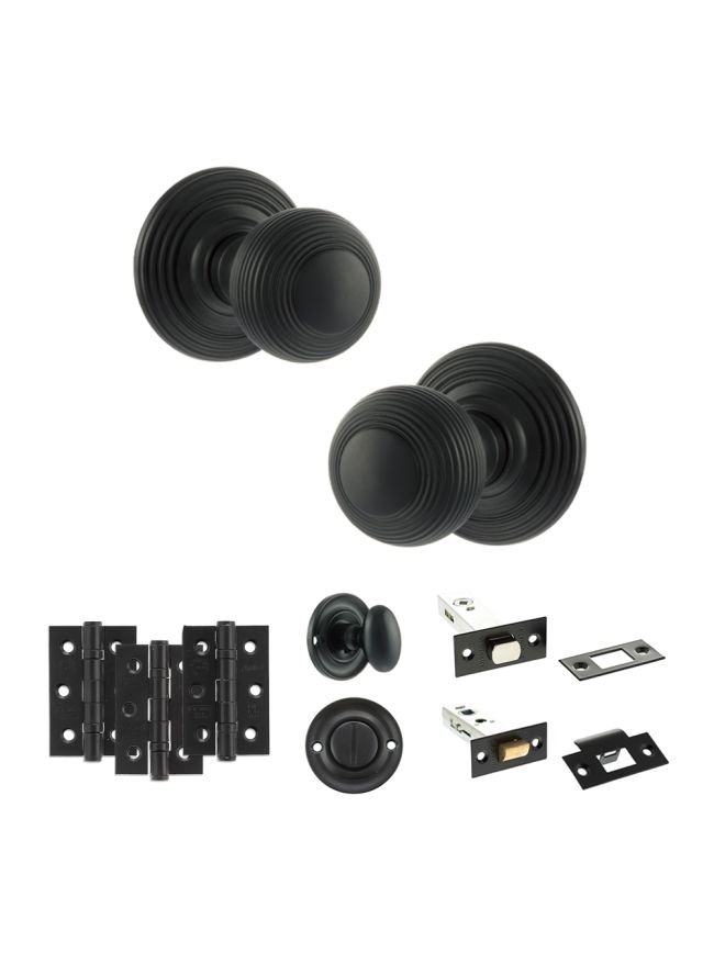 Old English Ripon Door Knob Pack (Bathroom Set - 4" Deadbolt, 3" Fire Rated Hinges x3) - Matt Black