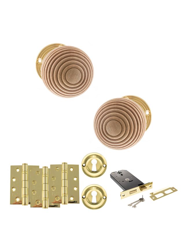 Old English Bridlington Door Knob Pack (Lock Set - Horizontal Sashlock, 4" Fire Rated Hinges x3) - Polished Brass