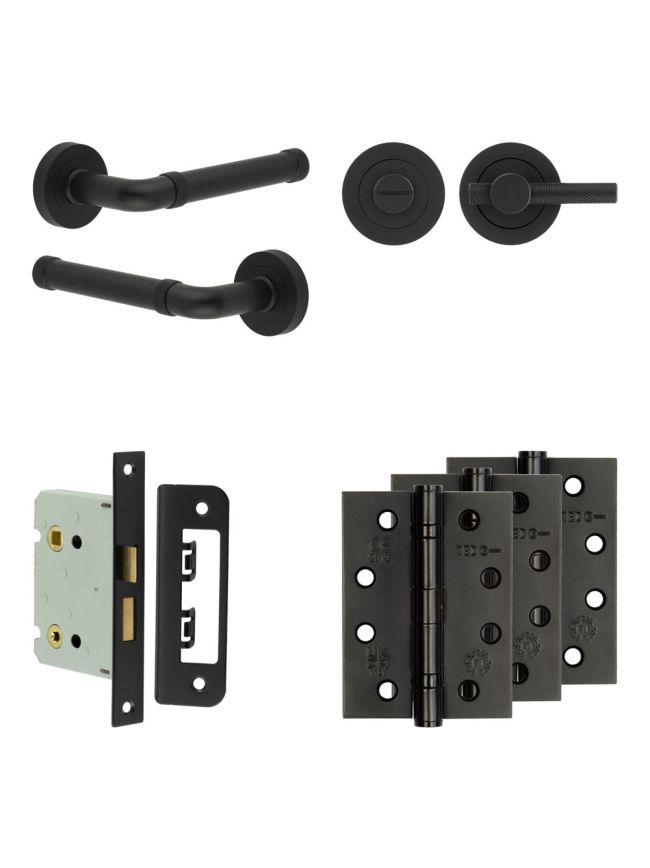 Complete Midtown Door Handle Pack - Bathroom Lock (Knurled Thumb Turn) - Matt Black - 76mm / 4-inch Hinges - JE-G6A1-MB