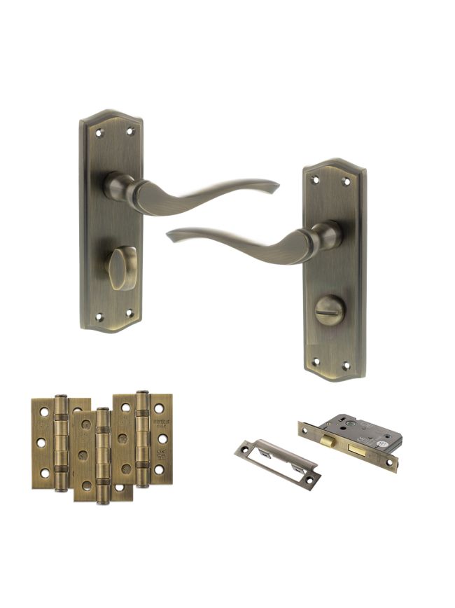 Old English Warwick Door Handle Pack (Bathroom Set - 3" CE Bathroom Lock, 3" Fire Rated Hinges x3) - Matt Antique Brass