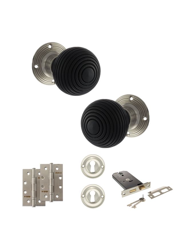 Old English Whitby Door Knob Pack (Lock Set - Horizontal Sashlock, 4" Slim Knuckle Hinges x2) - Satin Nickel