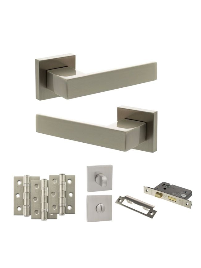 Senza Pari Panetti Door Handle Pack (Bathroom Set - 3" CE Bathroom Lock, 3" Fire Rated Hinges x3) - Satin Nickel