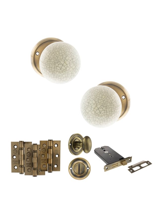 Old English Skipton Door Knob Pack (Lock Set - Horizontal Bathlock, 3" Fire Rated Hinges x3) - Antique Brass