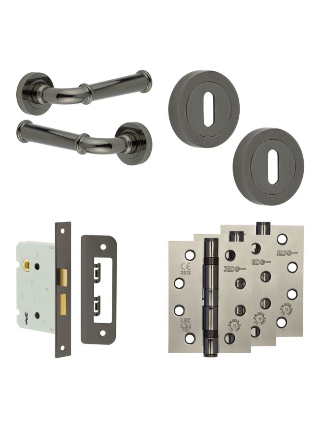 Complete Classic Door Handle Pack - Sashlock - Black Nickel - 76mm / 4-inch Hinges - JE-A8A8-BN