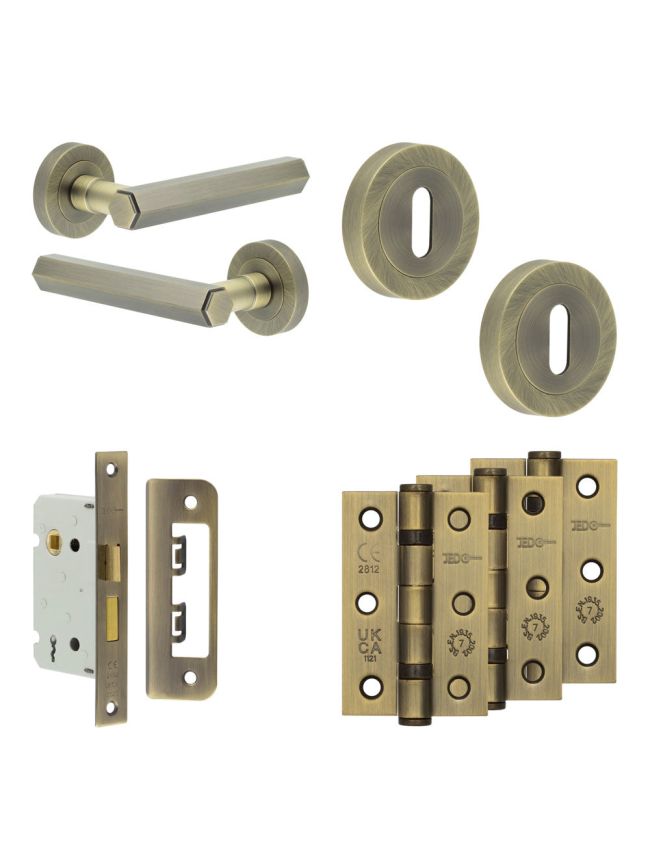 Complete Hex Door Handle Pack - Sashlock - Antique Brass - 65mm / 3-inch Hinges - JE-C7B8-AB