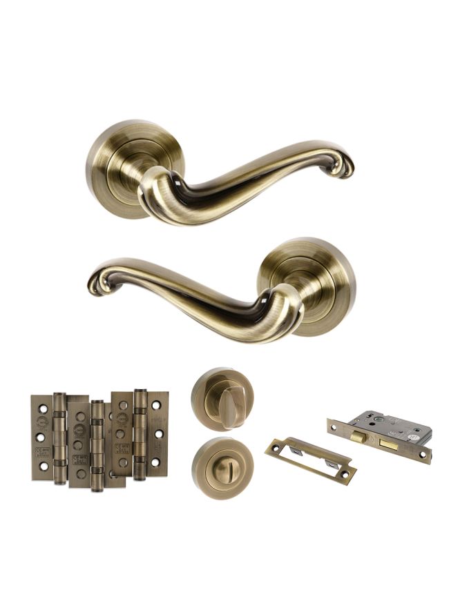 Old English Colchester Door Handle Pack (Bathroom Set - 2.5" CE Bathroom Lock, 3" Fire Rated Hinges x3) - Antique Brass