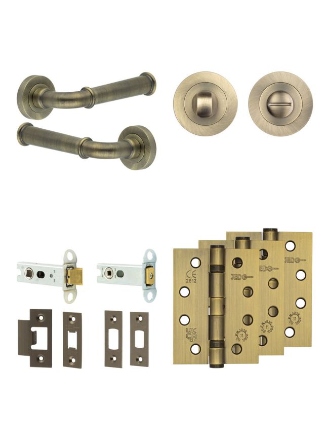 Complete Classic Door Handle Pack - Heavy Duty Tubular Bathroom (Standard Thumb Turn) - Antique Brass - 76mm / 4-inch Hinges - JE-A31A3-AB