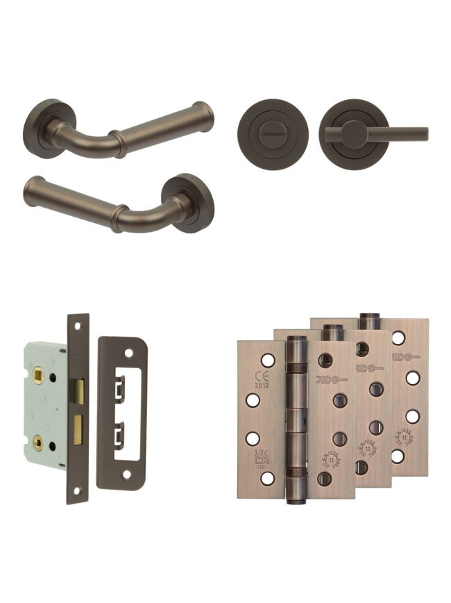 Complete Classic Door Handle Pack - Bathroom Lock (Plain Thumb Turn) - Dark Bronze - 65mm / 4-inch Hinges - JE-A5A2-DB