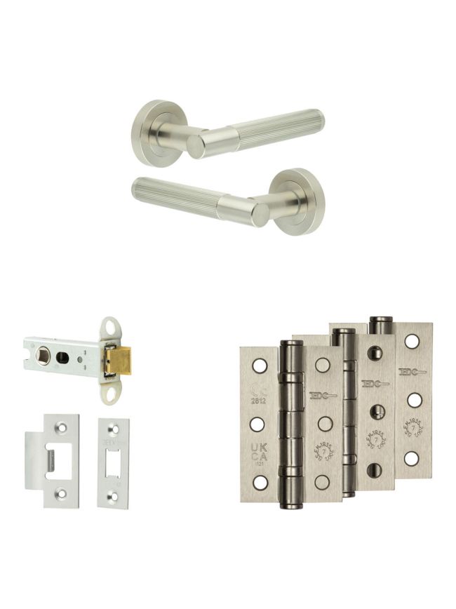Complete Venice Door Handle Pack - Heavy Duty Latch - Satin Nickel - 76mm / 3-inch Hinges - JE-F21B-SN