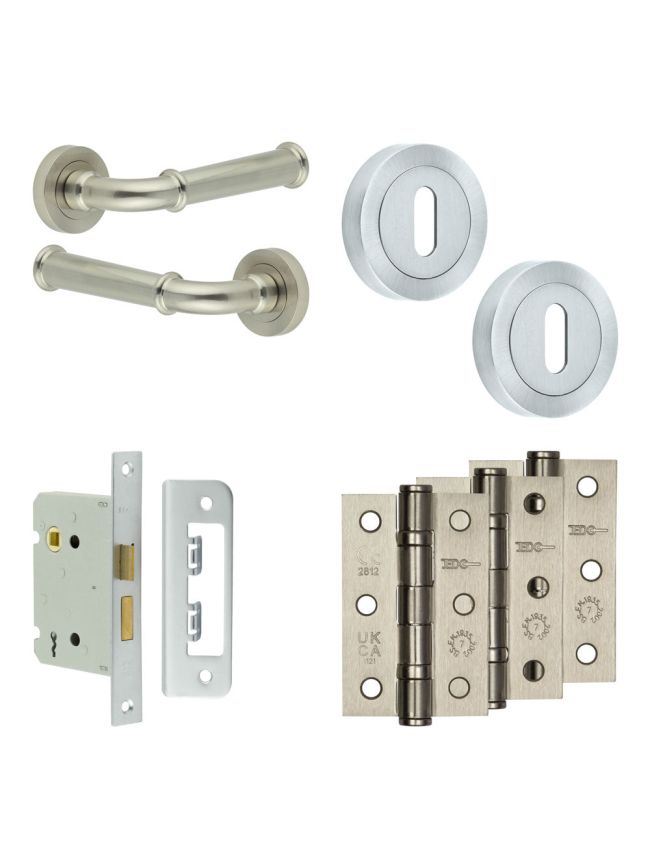Complete Classic Door Handle Pack - Sashlock - Satin Nickel - 76mm / 3-inch Hinges - JE-A8B8-SN