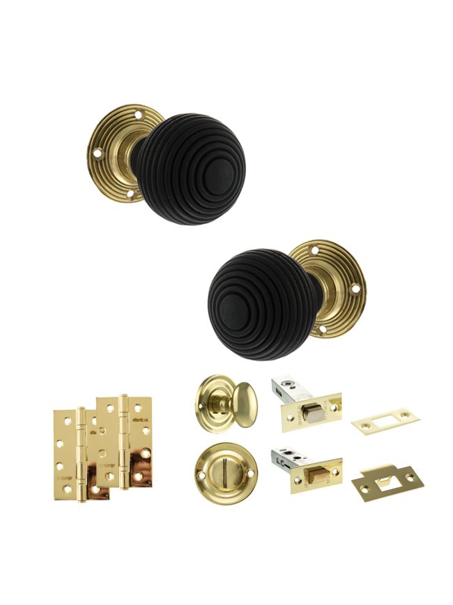 Old English Whitby Door Knob Pack (Bathroom Set - 3" Deadbolt, 4" Slim Knuckle Hinges x2) - Polished Brass