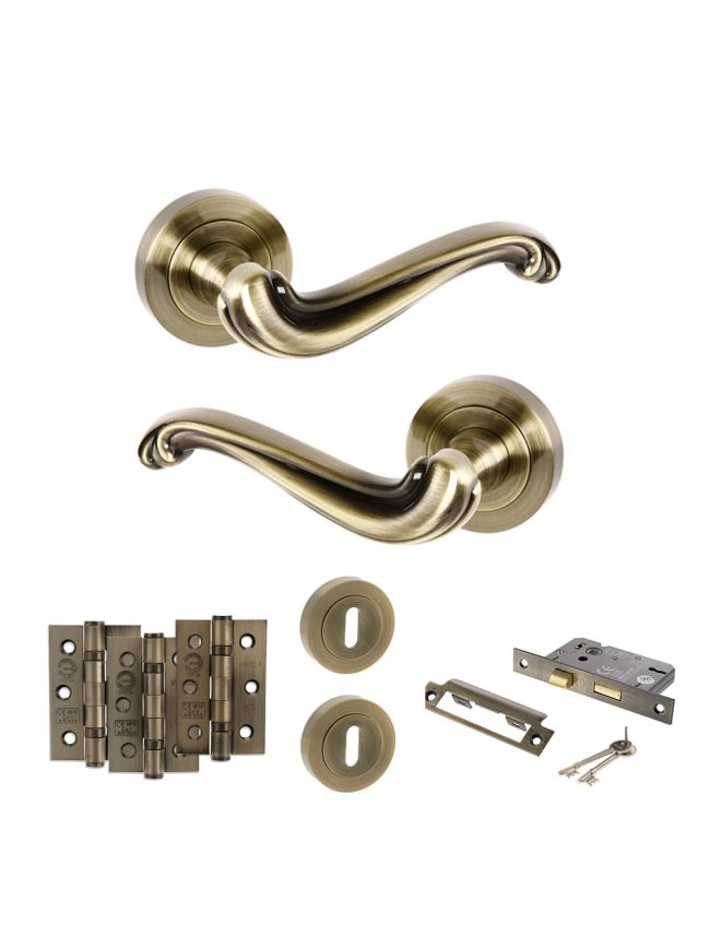 Old English Colchester Door Handle Pack (3 Lever Lock Set - 3" CE Sashlock, 3" Fire Rated Hinges x3) - Antique Brass