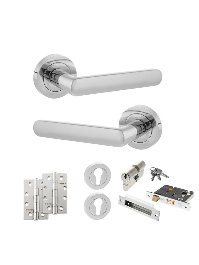 STATUS Carolina Door Handle Pack (Euro Lock Set - 3" CE Sashlock, 4" Slim Knuckle Hinges x2) - Polished Chrome