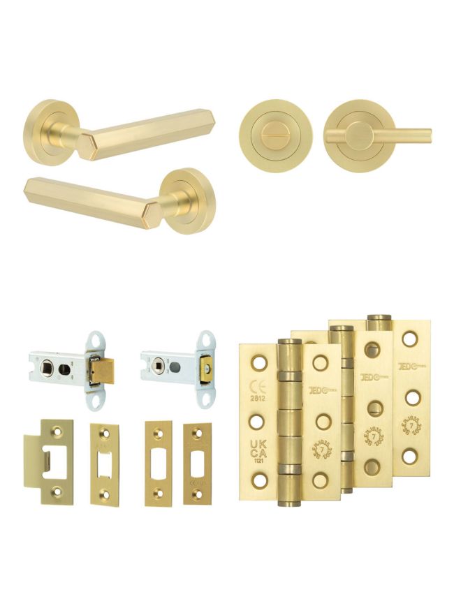 Complete Hex Door Handle Pack - Heavy Duty Tubular Bathroom (Plain Thumb Turn) - Satin Brass - 64mm / 3-inch Hinges - JE-C30B2-SB