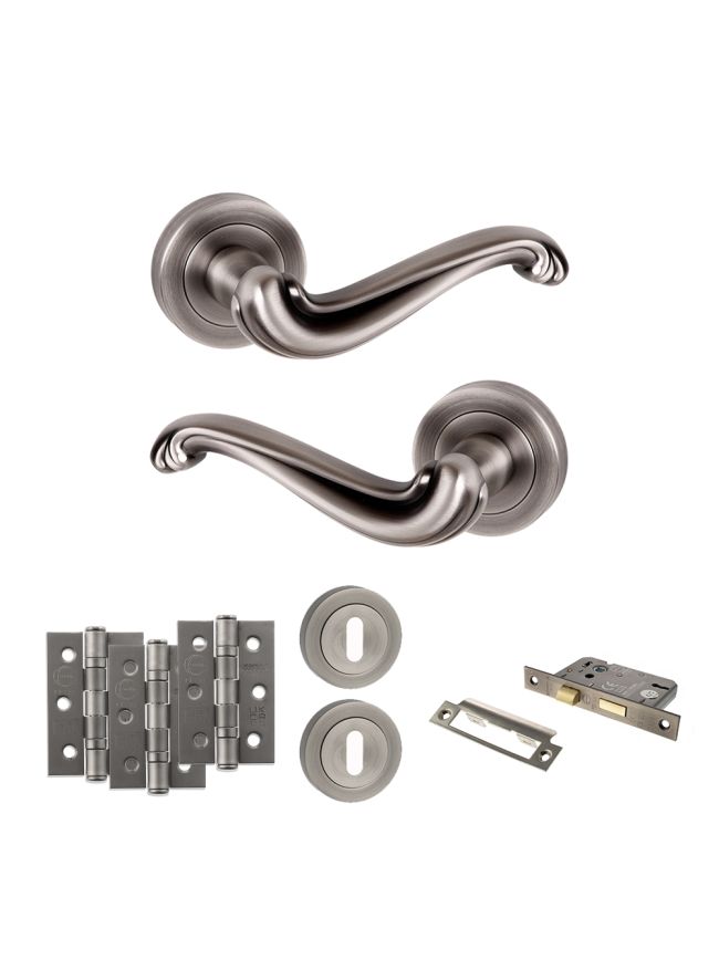 Old English Colchester Door Handle Pack (3 Lever Lock Set - 3" CE Sashlock, 3" Fire Rated Hinges x3) - Matt Gun Metal