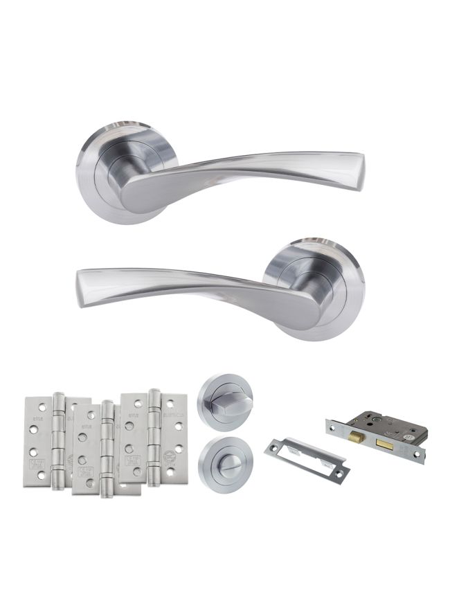 Eco Aqua Door Handle Pack (Bathroom Set - 2.5" CE Bathroom Lock, 4" Fire Rated Hinges x3) - Satin Chrome