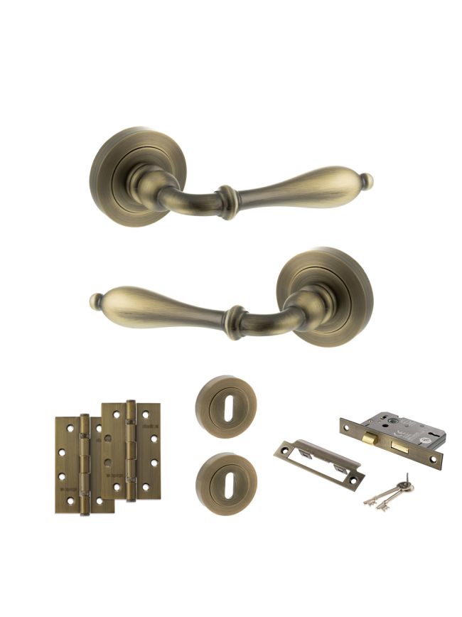 Old English Wrexham Door Handle Pack (3 Lever Lock Set - 3" CE Sashlock, 4" Slim Knuckle Hinges x2) - Matt Antique Brass