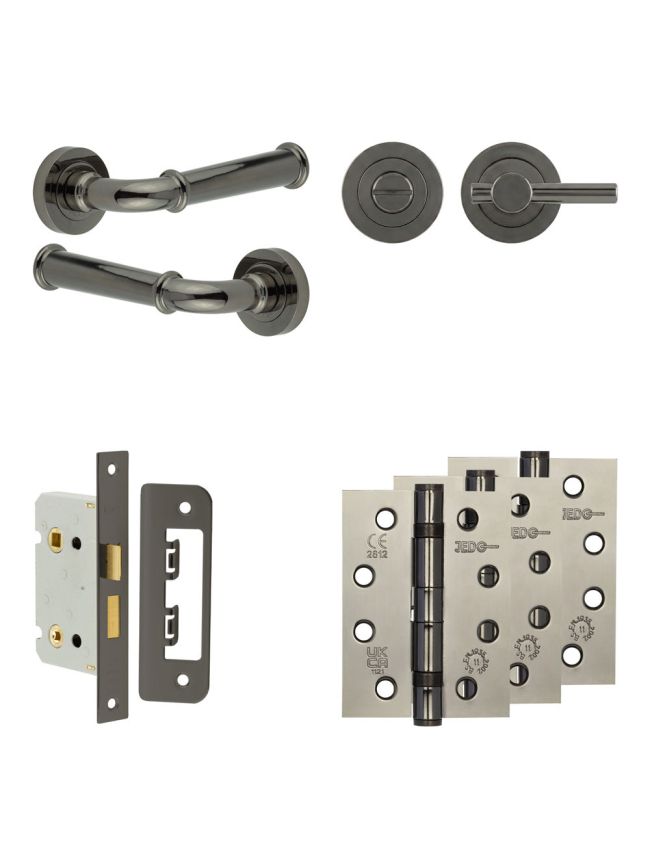 Complete Classic Door Handle Pack - Bathroom Lock (Plain Thumb Turn) - Black Nickel - 65mm / 4-inch Hinges - JE-A5A2-BN