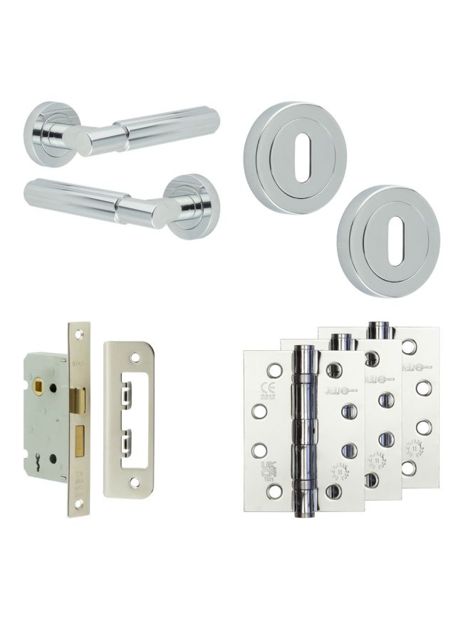 Complete Bloom Door Handle Pack - Sashlock - Polished Chrome - 65mm / 4-inch Hinges - JE-B7A8-PC