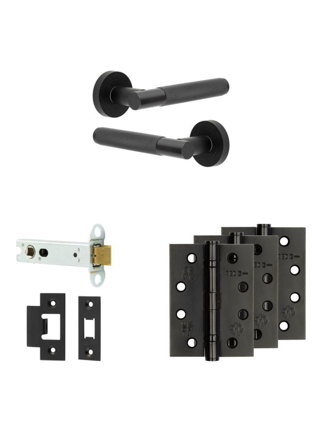 Complete Bari Door Handle Pack - Heavy Duty Latch - Matt Black - 102mm / 4-inch Hinges - JE-D22A-MB