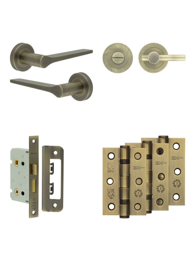 Complete Gio Door Handle Pack - Bathroom - Antique Brass - By Frelan Hardware - JE-E5B2-AB
