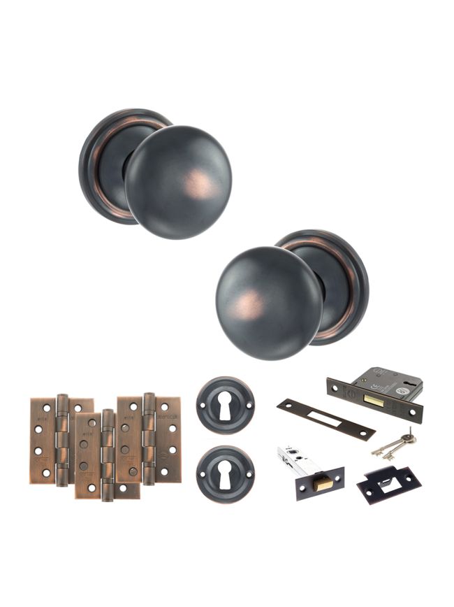 Old English Harrogate Door Knob Pack (Lock Set - 3" Latch & Deadlock, 4" Fire Rated Hinges x3) - Antique Copper