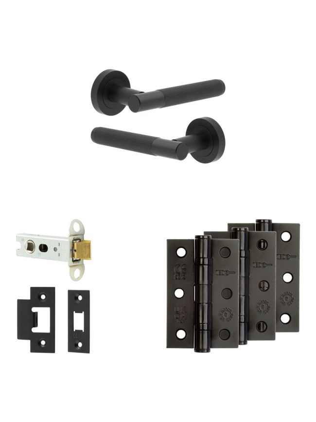 Complete Venice Door Handle Pack - Heavy Duty Latch - Matt Black - 76mm / 3-inch Hinges - JE-F21B-MB